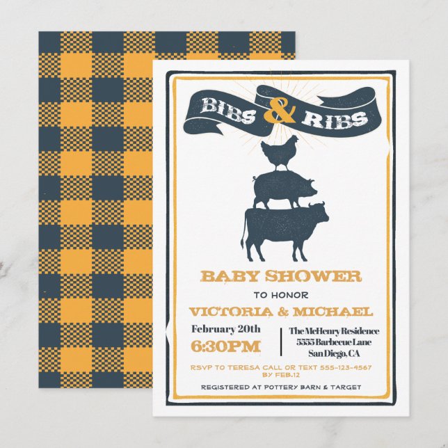 Invitación Bibs and Ribs Baby Shower BBQ (Anverso / Reverso)