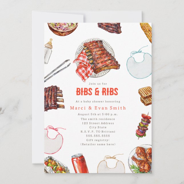 Invitación Bibs & Ribs BBQ Cookout Baby Shower Neutral  (Anverso)