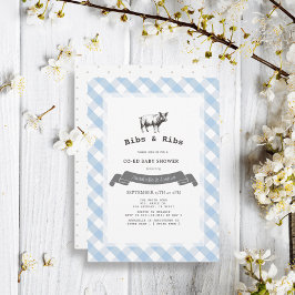 Invitación Bibs & Ribs Rustic Blue Gingham Co-Ed Baby Shower