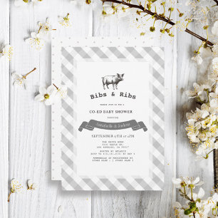Invitación Bibs & Ribs Rustic Gray Gingham Co-Ed Baby Shower