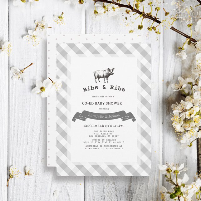 Invitación Bibs & Ribs Rustic Gray Gingham Co-Ed Baby Shower (Subido por el creador)