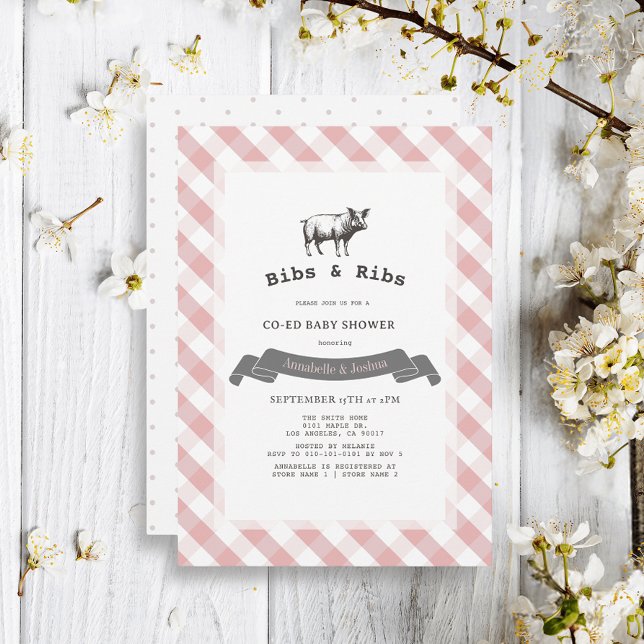 Invitación Bibs & Ribs Rustic Pink Gingham Co-Ed Baby Shower (Subido por el creador)