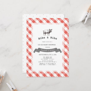 Invitación Bibs & Ribs Rustic Rojo Cuadros Combinados Baby Sh