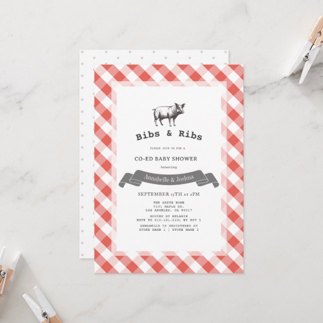 Invitación Bibs & Ribs Rustic Rojo Cuadros Combinados Baby Sh (Anverso/Reverso In Situ)