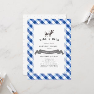 Invitación Bibs & Ribs Rústico Gingham Azul Marino Baby Showe