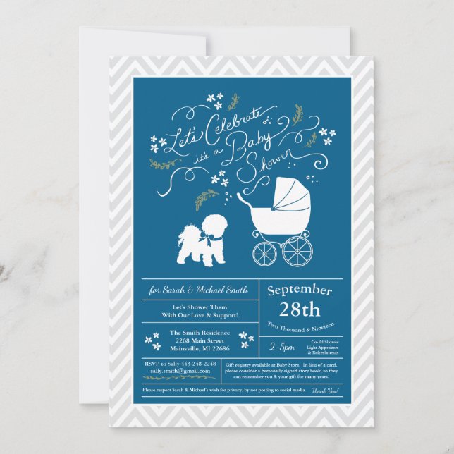 Invitación Bichon Frise Dog Baby Shower Boy Blue (Anverso)