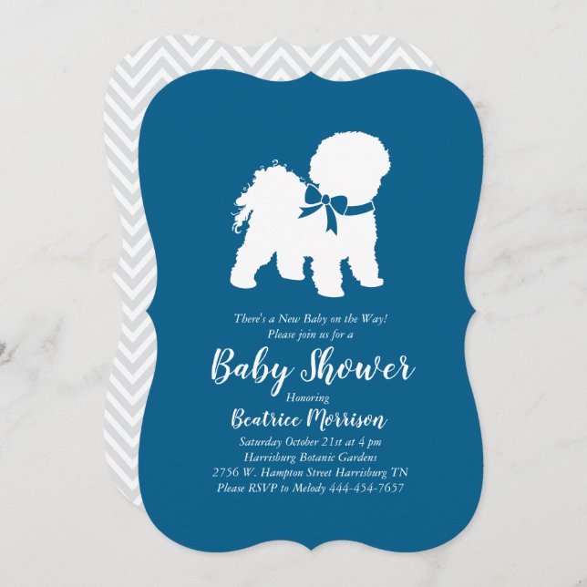 Invitación Bichon Frise Dog Baby Shower Boy Blue (Anverso / Reverso)