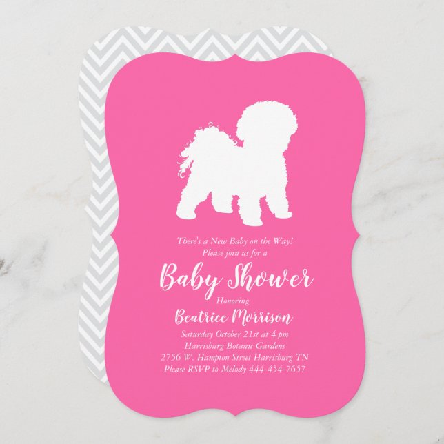 Invitación Bichon Frise Dog Chica Baby Shower Pink (Anverso / Reverso)