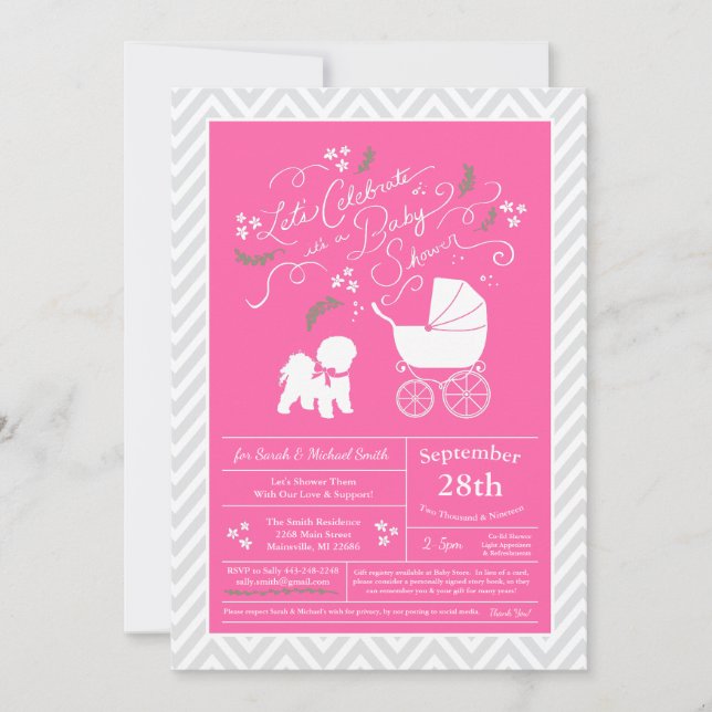 Invitación Bichon Frise Dog Chica Baby Shower Pink (Anverso)