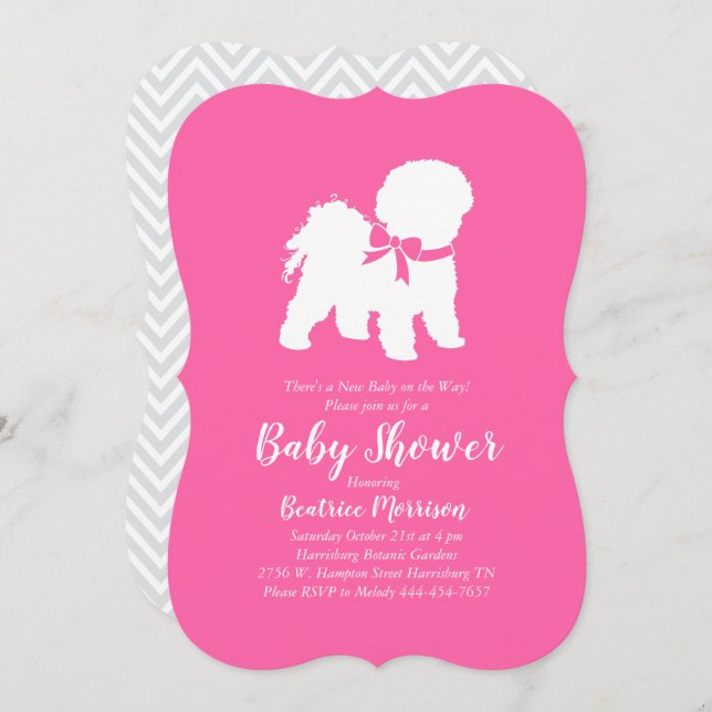 Invitación Bichon Frise Perro Baby Shower Niña Rosa (Anverso / Reverso)