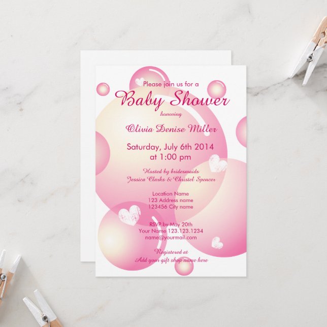 Invitación Bichos de jabón rosado fino chica de ducha de bebé (Anverso/Reverso In Situ)