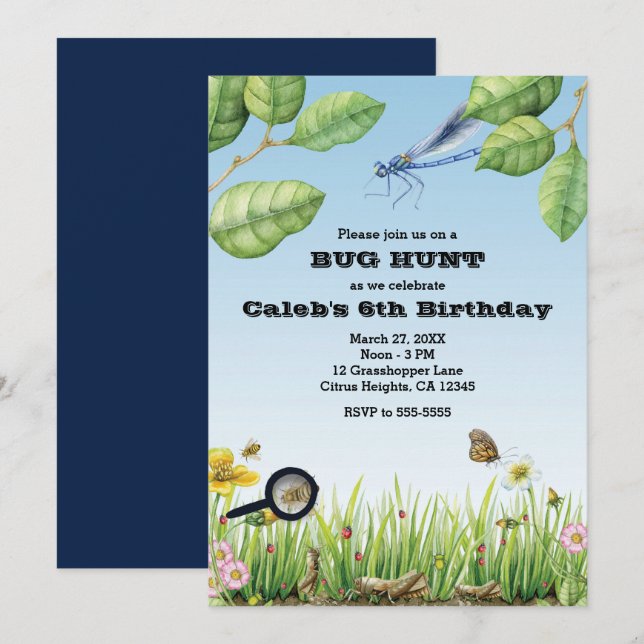 Invitación Bichos! Fiesta de cumpleaños para la caza de insec (Anverso / Reverso)