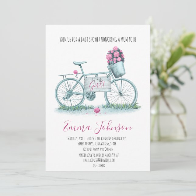 Invitación Bicicleta acuarela con Rosas (Anverso de pie)