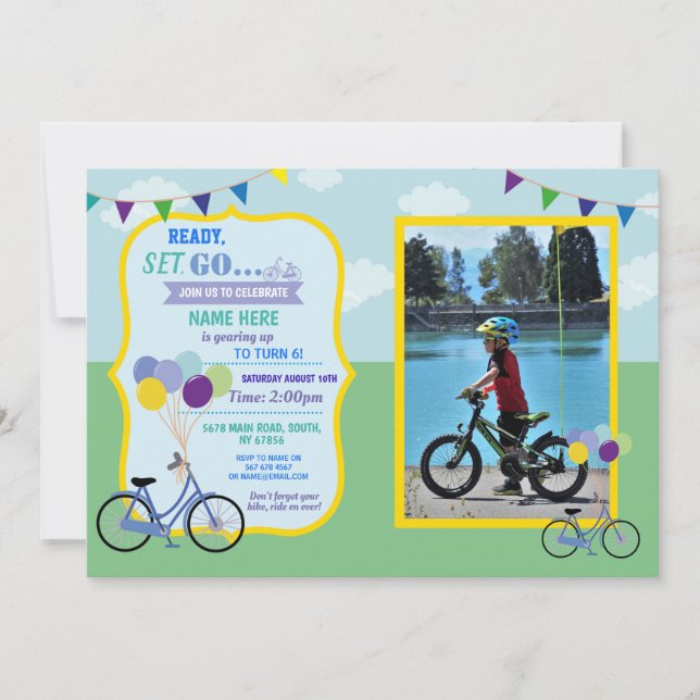 Invitación Bicicleta Cumpleaños Bicicleta Fiesta Blue Boys Fo (Anverso)