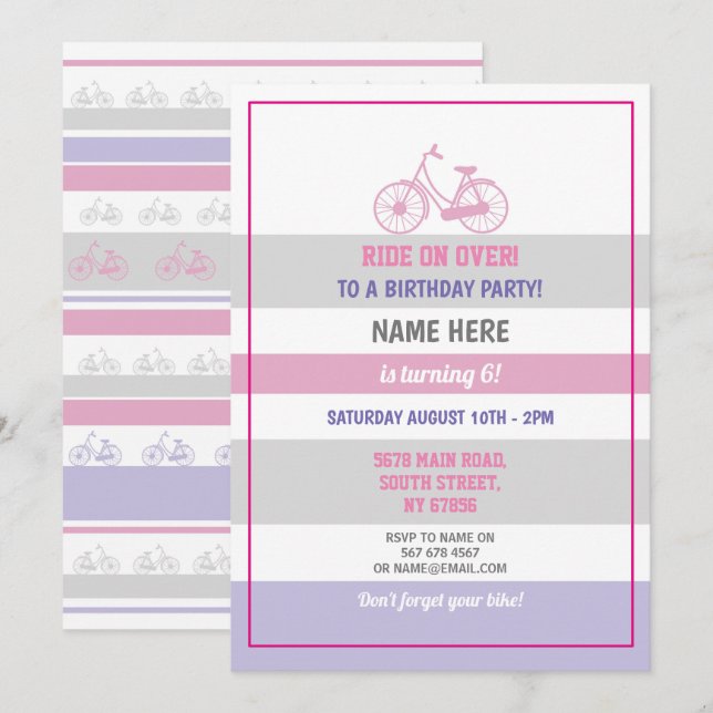 Invitación Bicicleta Cumpleaños Bicicleta Fiesta Chicas rosas (Anverso / Reverso)