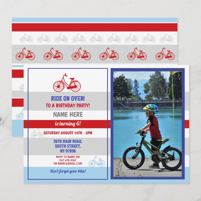 Invitación Bicicleta Cumpleaños Bicicleta Fiesta Red Boys Fot (Anverso / Reverso)