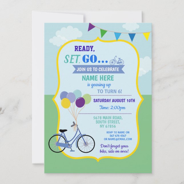 Invitación Bicicleta Cumpleaños Bicicleta Globos Fiesta Azul (Anverso)