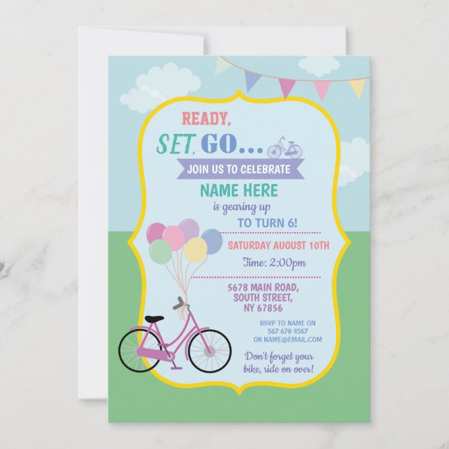 Invitación Bicicleta Cumpleaños Bicicleta Globos Fiesta Rosa (Anverso)