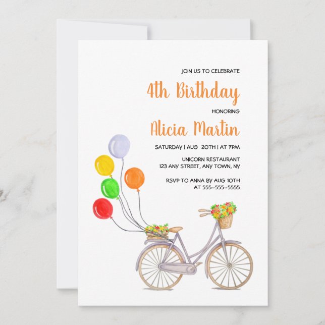 Invitación Bicicleta de flores de la cesta de globos cualquie (Anverso)