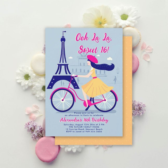 Invitación Bicicleta Eiffel de París Ooh La Blue Yellow Sweet (paris sweet 16 sixteen invitation bike bicycle fashion dress eiffel calligraphy blue yellow hot pink)