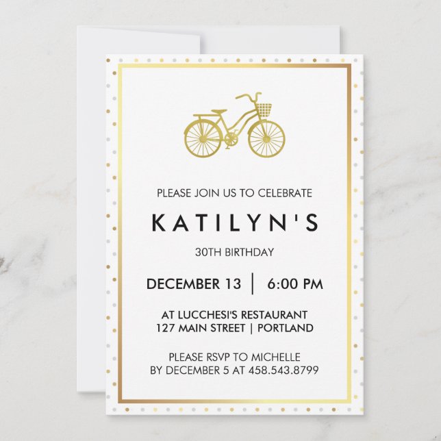 Invitación Bicicleta elegante del oro con los lunares del oro (Anverso)