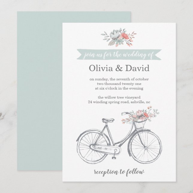 Invitación Bicicleta Flor Boda Jardín de Primavera Romántica (Anverso / Reverso)