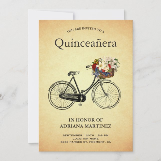 Invitación Bicicleta Floral Vintage Quinceanera 15 cumpleaños (Anverso)
