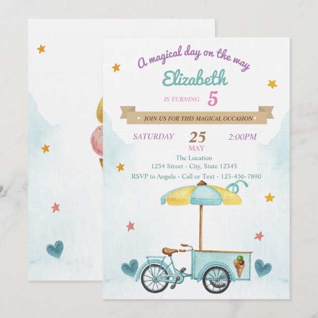 Invitación Bicicleta helado, coches, cumpleaños (Anverso / Reverso)