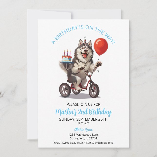 Invitación Bicicleta Malamute de Alaska con Fiesta de cumplea (Anverso)