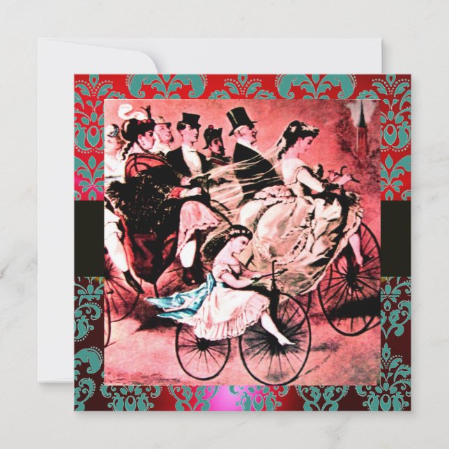 INVITACIÓN BICICLETA NEGRA ROJA AZUL BODA DAMASCO MONOGRAMA (Anverso)