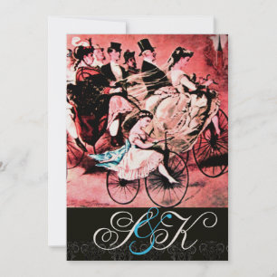 INVITACIÓN BICICLETA NEGRO BLANCO ROJO BODA DAMASCO MONOGRAMA