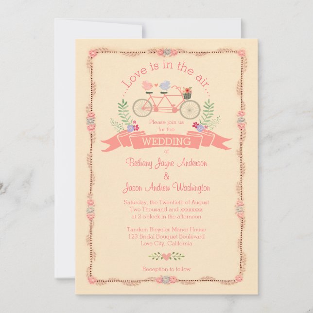 Invitación Bicicleta tándem, pájaros y Boda de pancartas (Anverso)