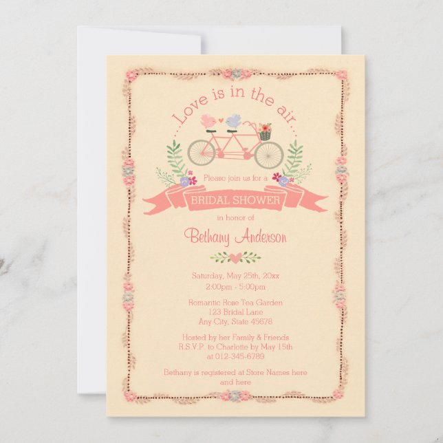 Invitación Bicicleta tándem, pájaros y ducha de novias (Anverso)
