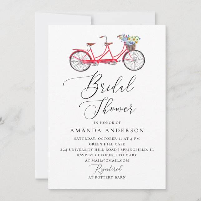 Invitación Bicicleta tándem retro. Elegante guión de ducha de (Anverso)