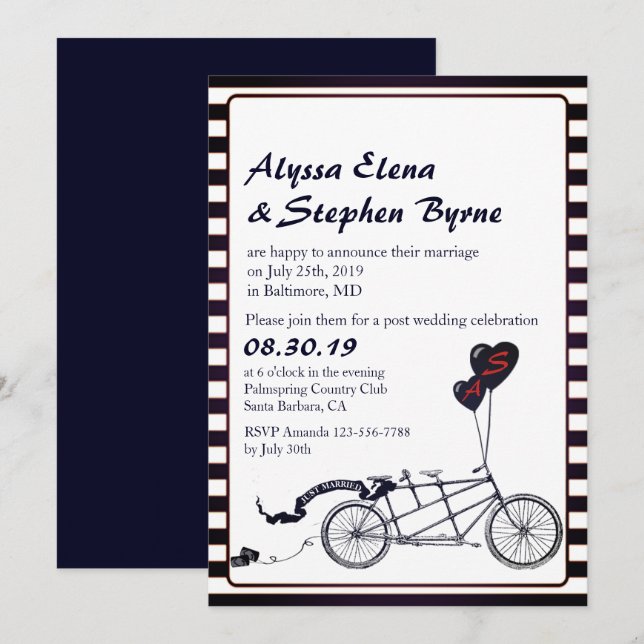 Invitación Bicicleta Tandem Romántica Recepción Post Boda (Anverso / Reverso)