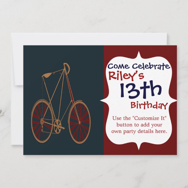 Invitación Bicicleta vieja escuela azul rojo (Anverso)