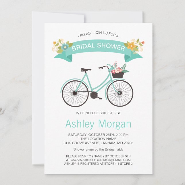 Invitación Bicycle Bridal Shower Pastel Mint Floral (Anverso)