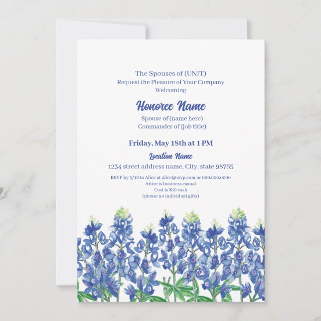 Invitación Bienvenida a cónyuge militar Texas Bluebonnet Digi (Anverso)