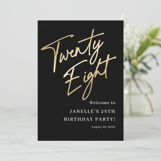 Invitación Bienvenida a la fiesta de cumpleaños 28 de oro neg (Anverso de pie)