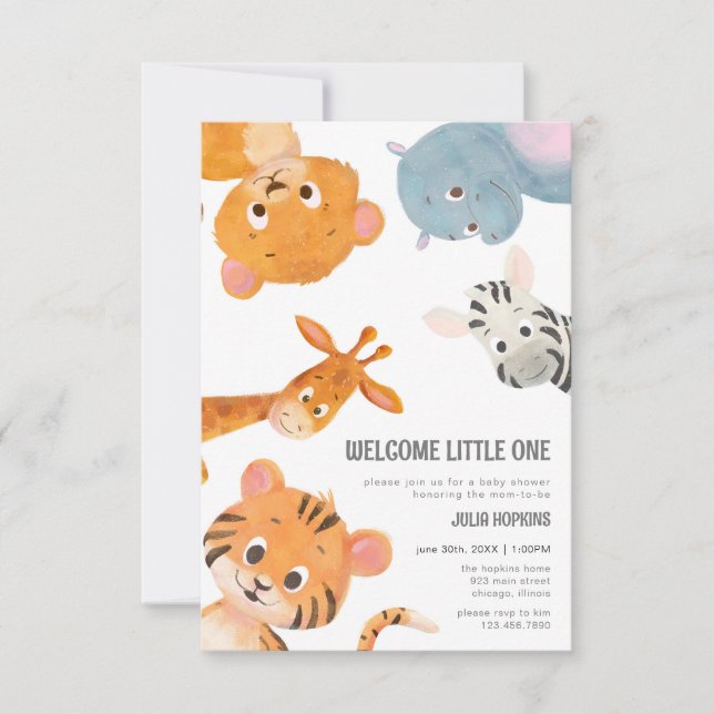 Invitación Bienvenida a Little One Baby Animals Invita Baby S (Anverso)