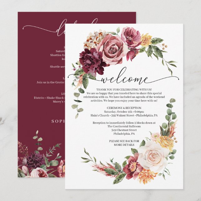 Invitación Bienvenida al Boda Itinerario Boda Boho Country (Anverso / Reverso)