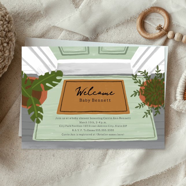 Invitación Bienvenida Baby Shower Neutral Verde de la Puerta  (Subido por el creador)