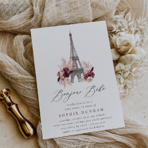 Invitación Bienvenida Bebé Borgoña Floral París Baby Shower