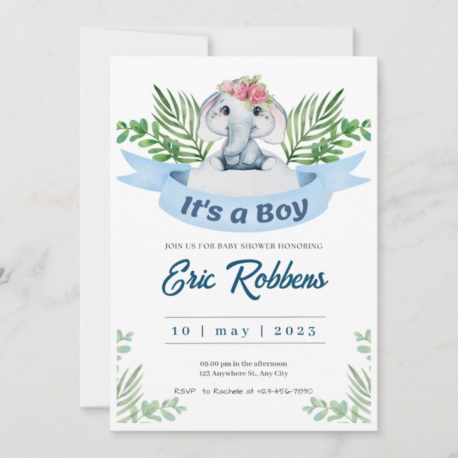 Invitación Bienvenida Bebé Niño Ducha Elefante (Anverso)