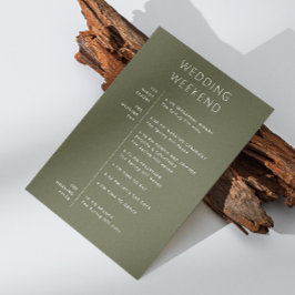 Invitación Bienvenida de boda en verde oliva oscuro. Cronolog