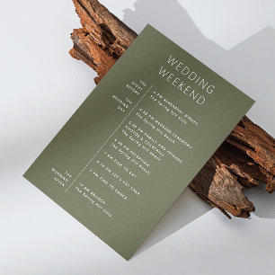 Invitación Bienvenida de boda en verde oliva oscuro. Cronolog