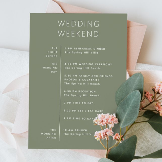 Invitación Bienvenida del Boda verde sabio suave. Itinerario  (Subido por el creador)