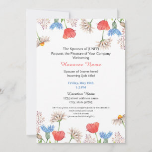 Invitación Bienvenida floral del cónyuge militar azul rojo