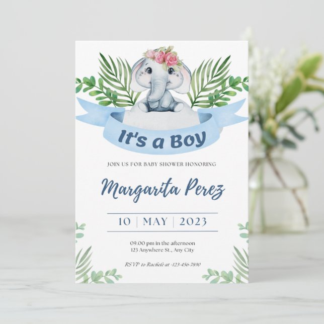 Invitación Bienvenida Ilustracion de Bebé Niño Ele (Anverso de pie)