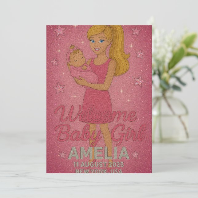 Invitación Bienvenida Niña Bebé - Abrazo espumoso de Barbie (Anverso de pie)